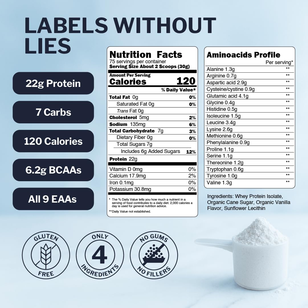 Opportuniteas whey isolat vanille – 22 g de protéines par portion, texture veloutée.