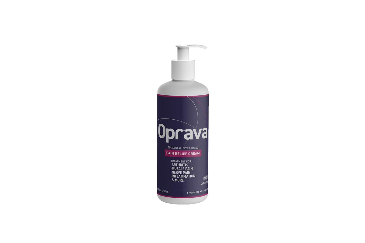 Crème Analgésique Oprava: bouteille 8 onces prête à l'emploi pour un soulagement ciblé.