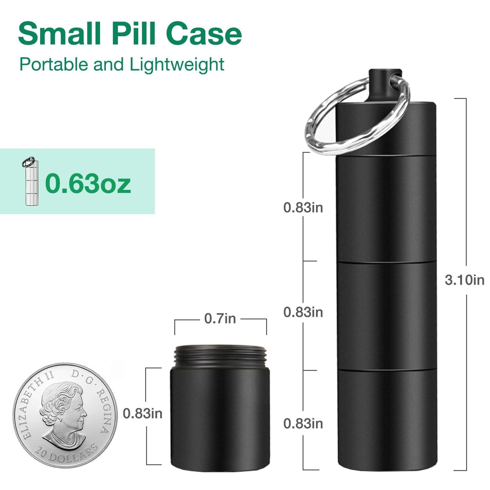Opret boîte pilules métal compact noir mat 3 compartiments, rangement sûr