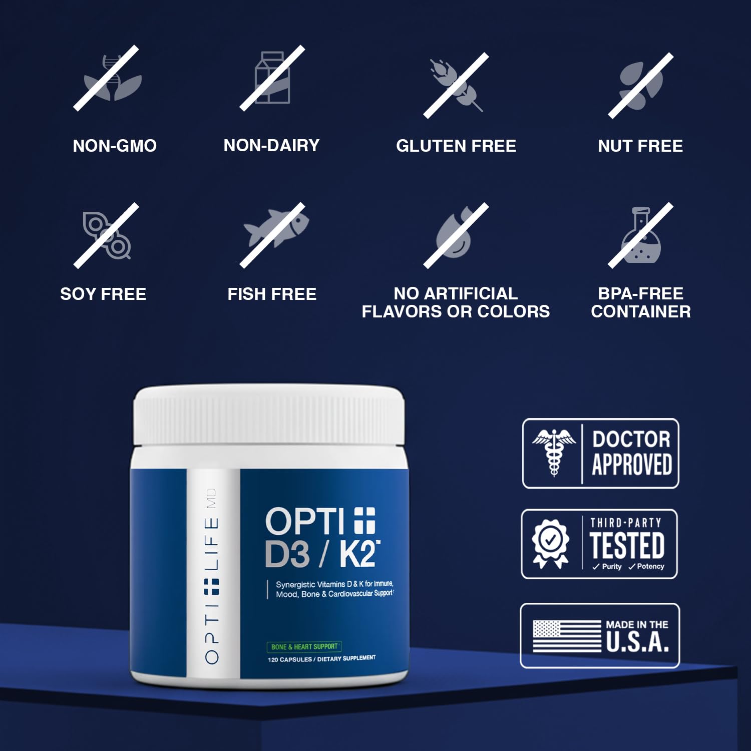 Opti Life MD D3/K2 étiquette – informations claires et dosage recommandé.