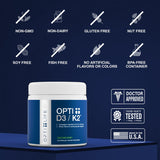 Opti Life MD D3/K2 étiquette – informations claires et dosage recommandé.
