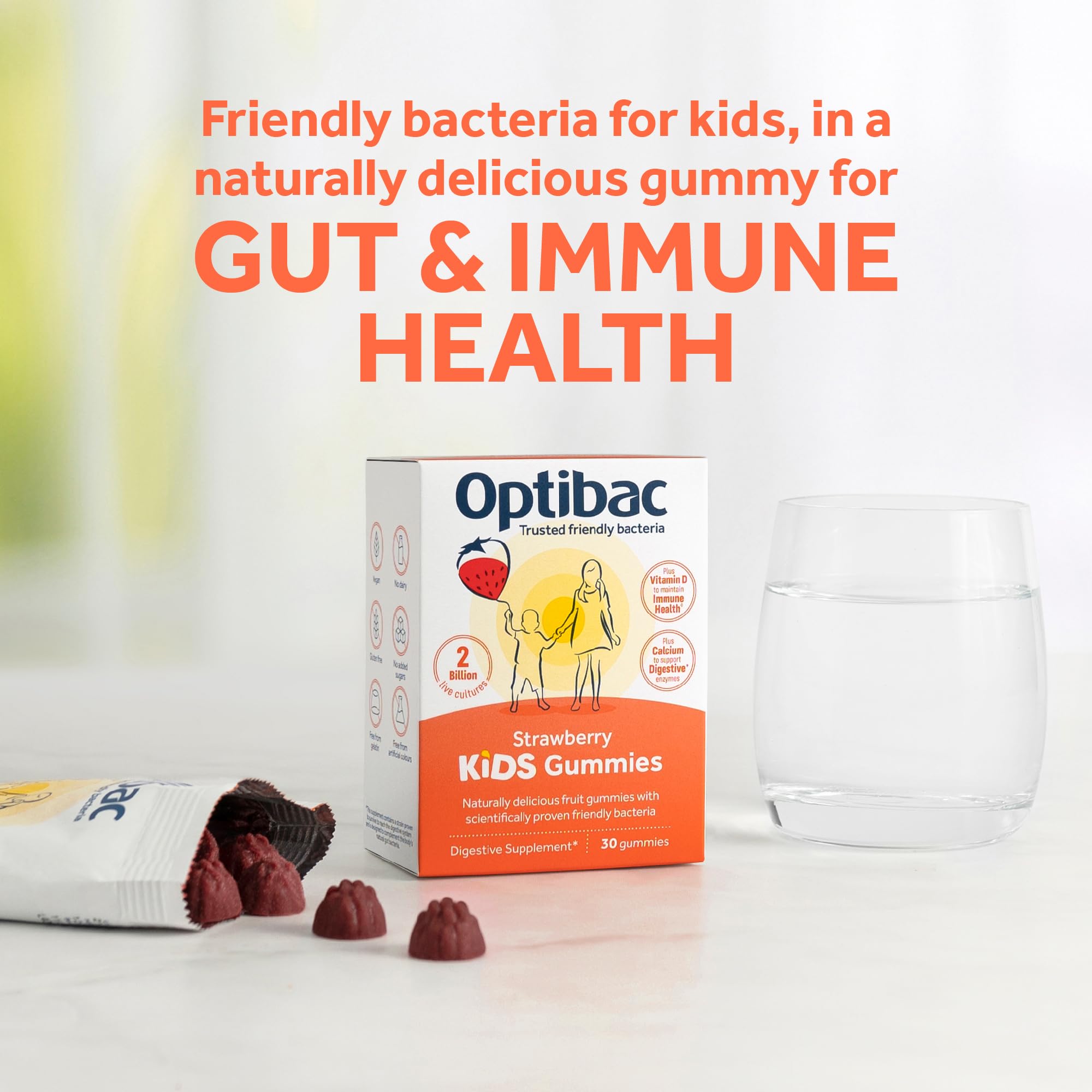 Optibac Probiotics Kids gommes – fraises, goût agréable et aide à soutenir le système immunitaire.