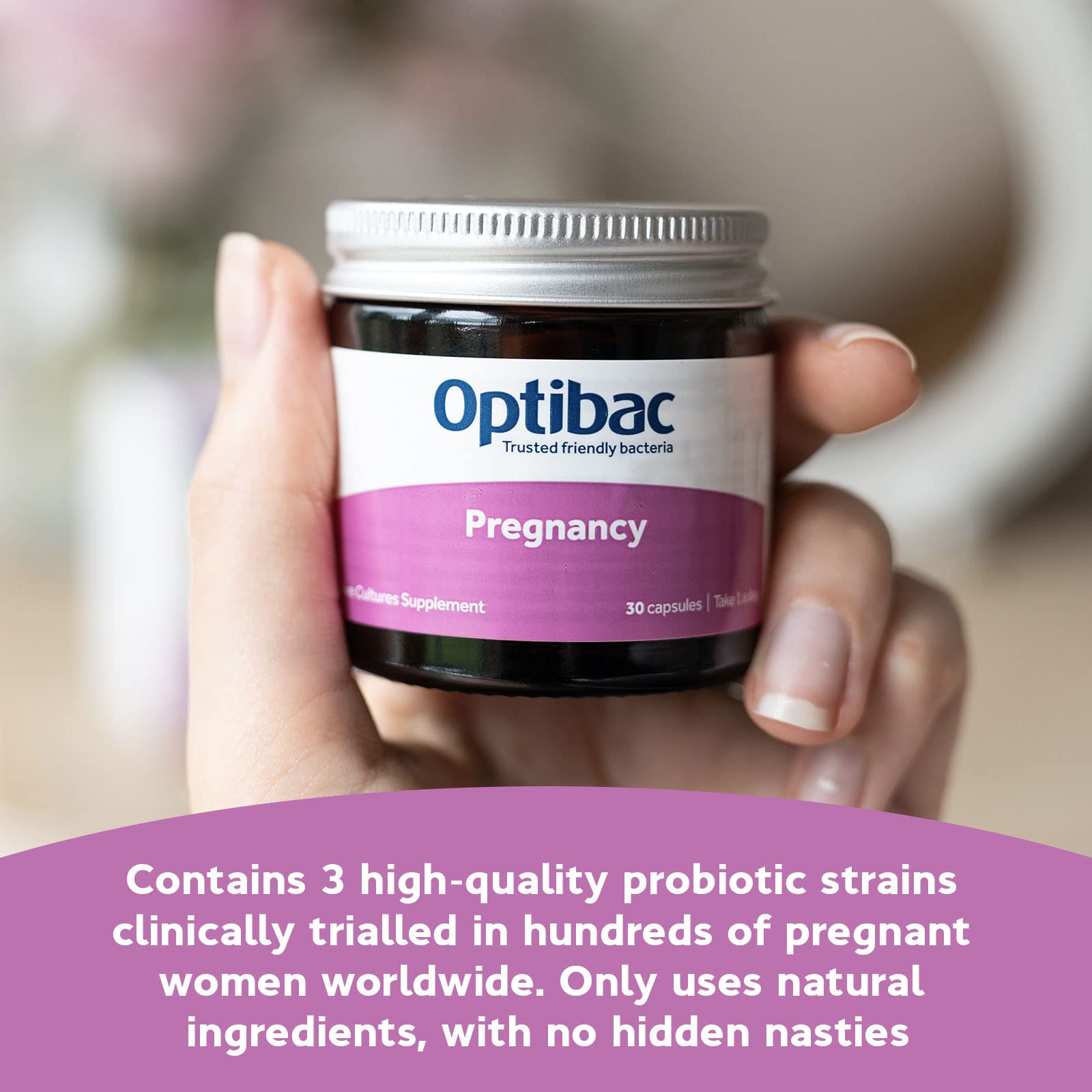 Étiquette claire Optibac Probiotics Pregnancy sur l’emballage