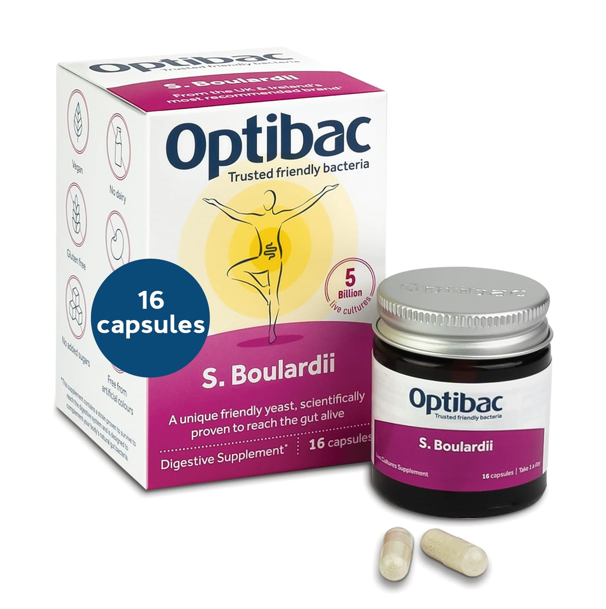 OptiBac Probiotics Saccharomyces boulardii : bouteille de capsules pour le confort digestif