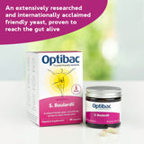 OptiBac Probiotics Saccharomyces boulardii : capsules visibles dans le flacon, usage quotidien