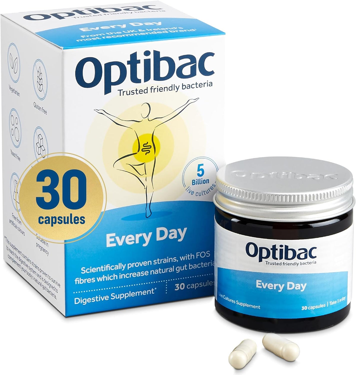 OptiBac Probiotiques: bouteille visible, soutien digestif quotidien