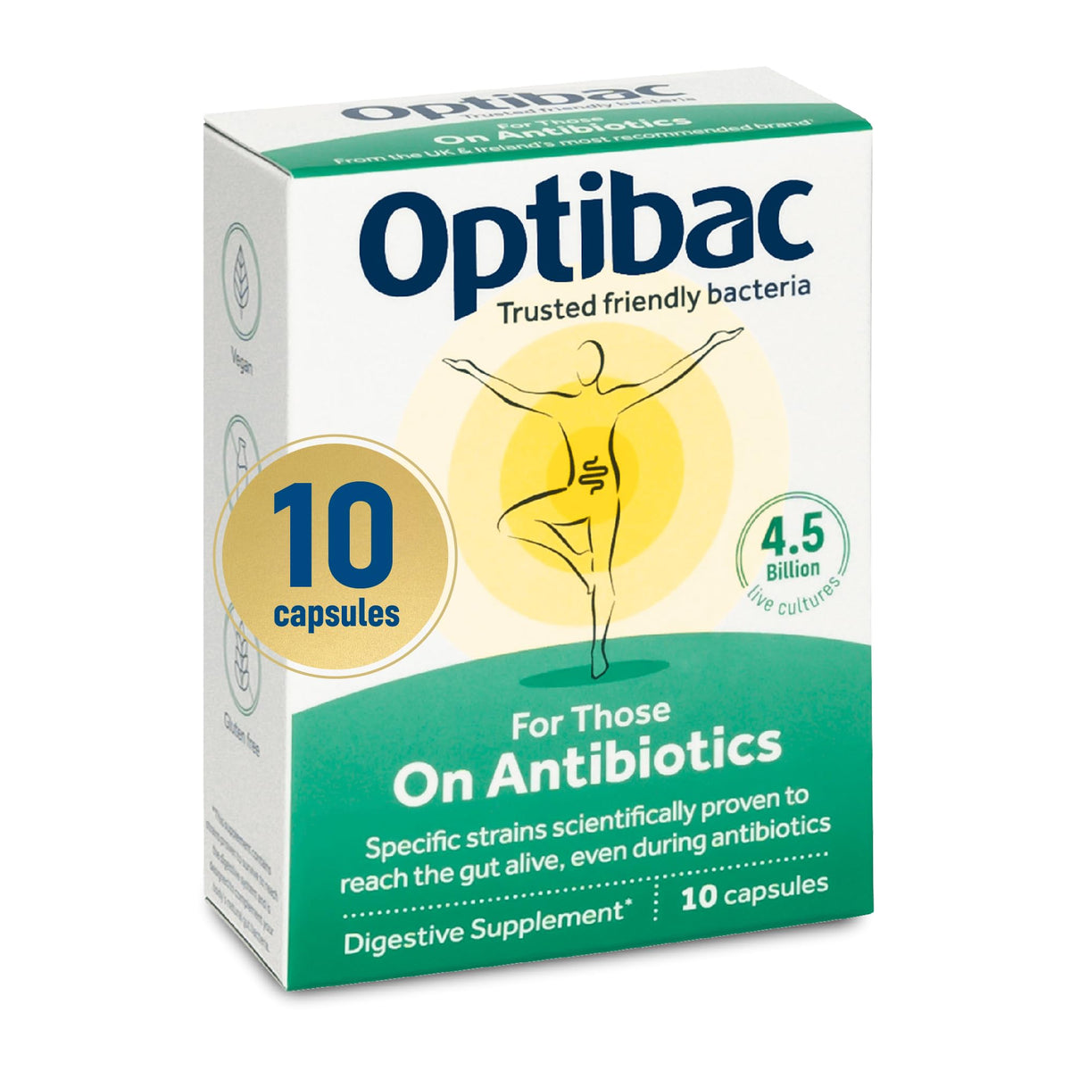 Optibac Probiotics – bouteille montrée, soutien digestif lors d’un traitement antibiotique.