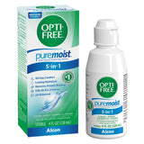 La bouteille Opti-Free Puremoist montre la solution multi-usages pour lentilles.