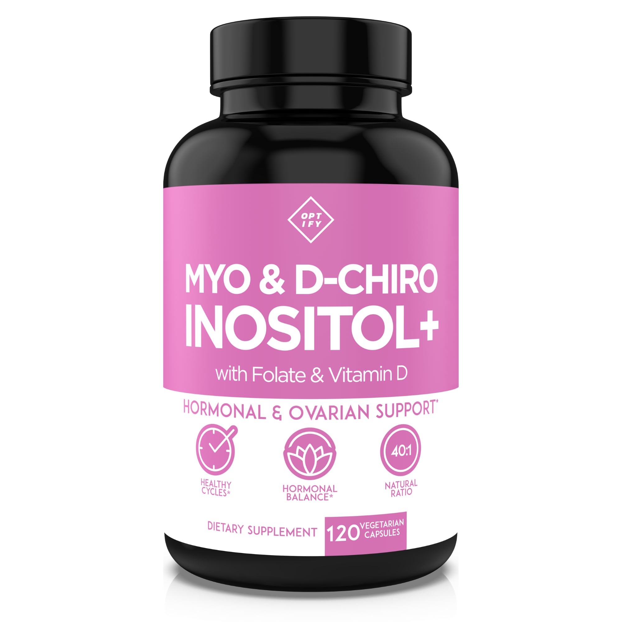 Optify Myo-Inositol et DCI, bouteille visible, soutien potentiel à l'équilibre hormonal.
