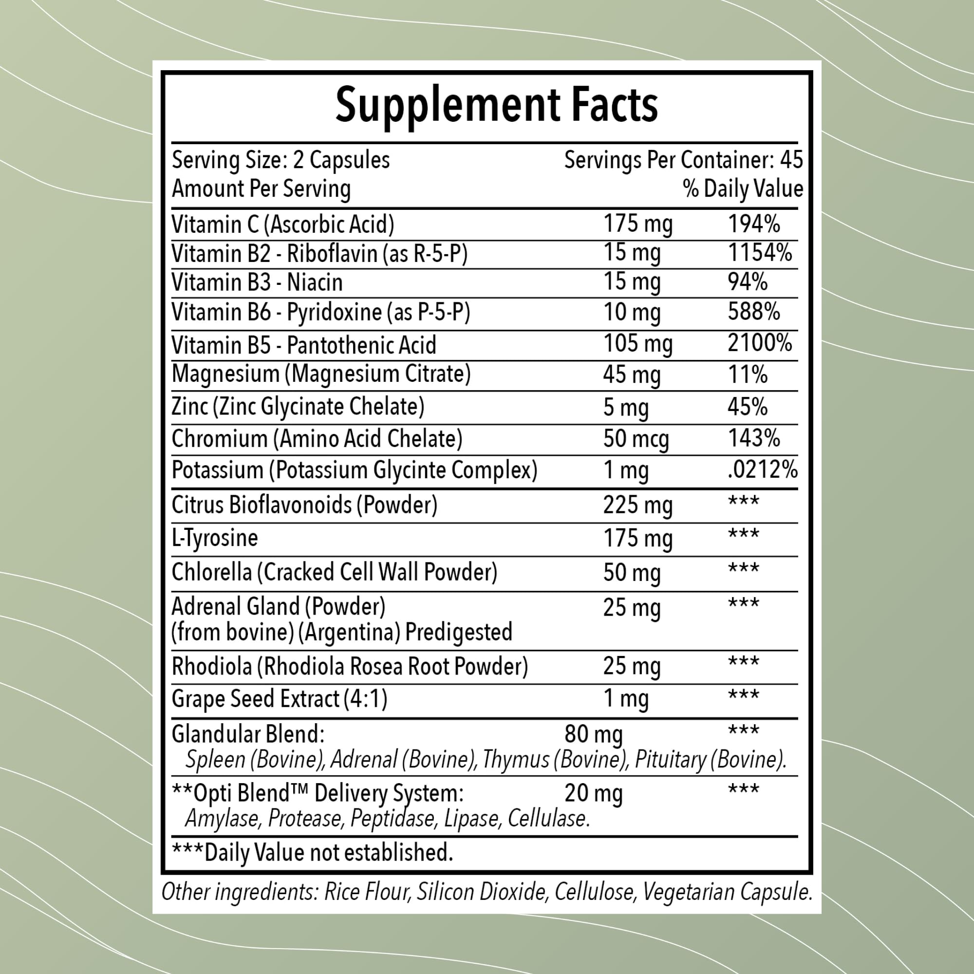 Opti-Adrenal capsules en gros plan, formulation facilitant l’énergie durable.
