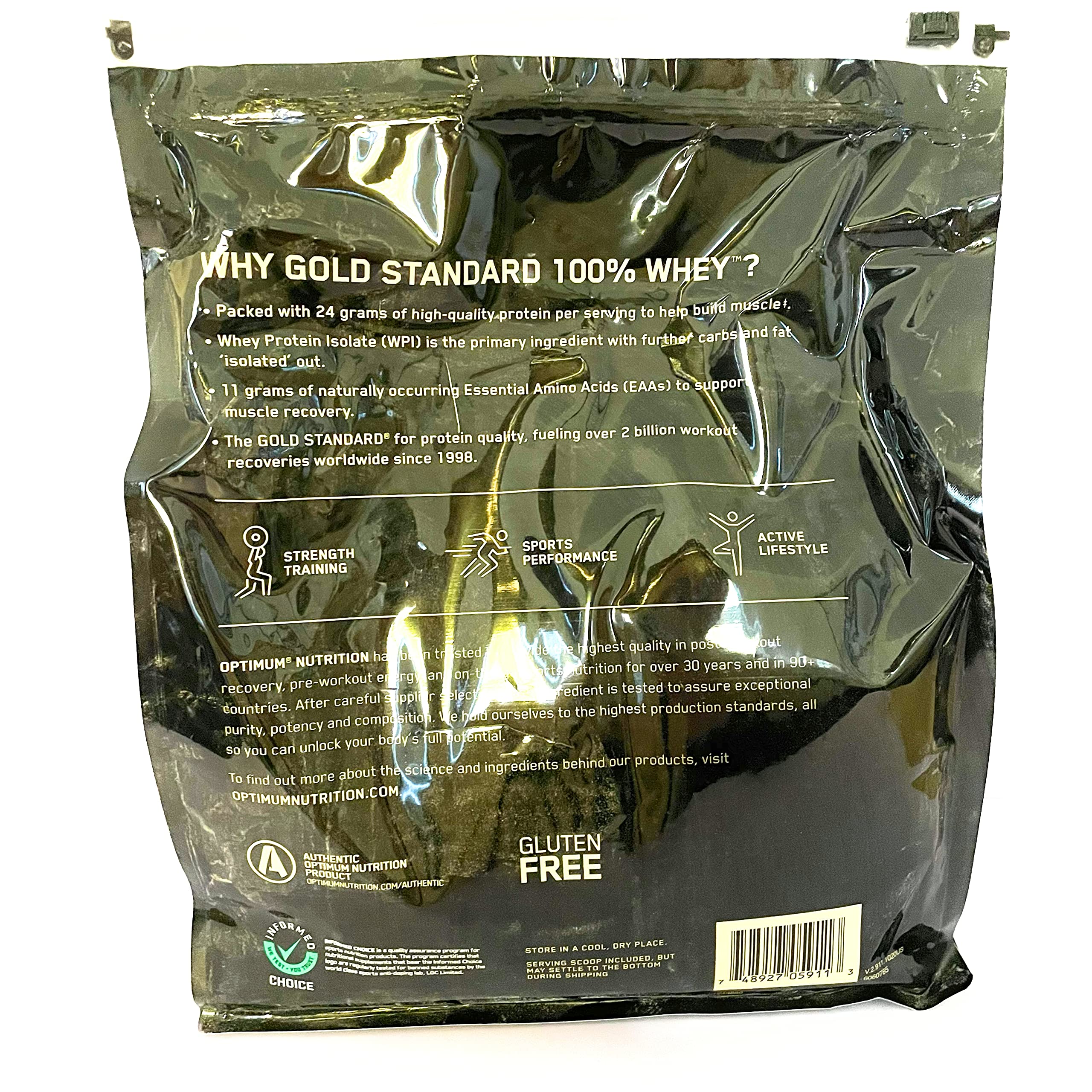 Optimum Nutrition 100% Whey Gold Standard – cuillère-doseur et shake, dose pratique après l’entraînement.
