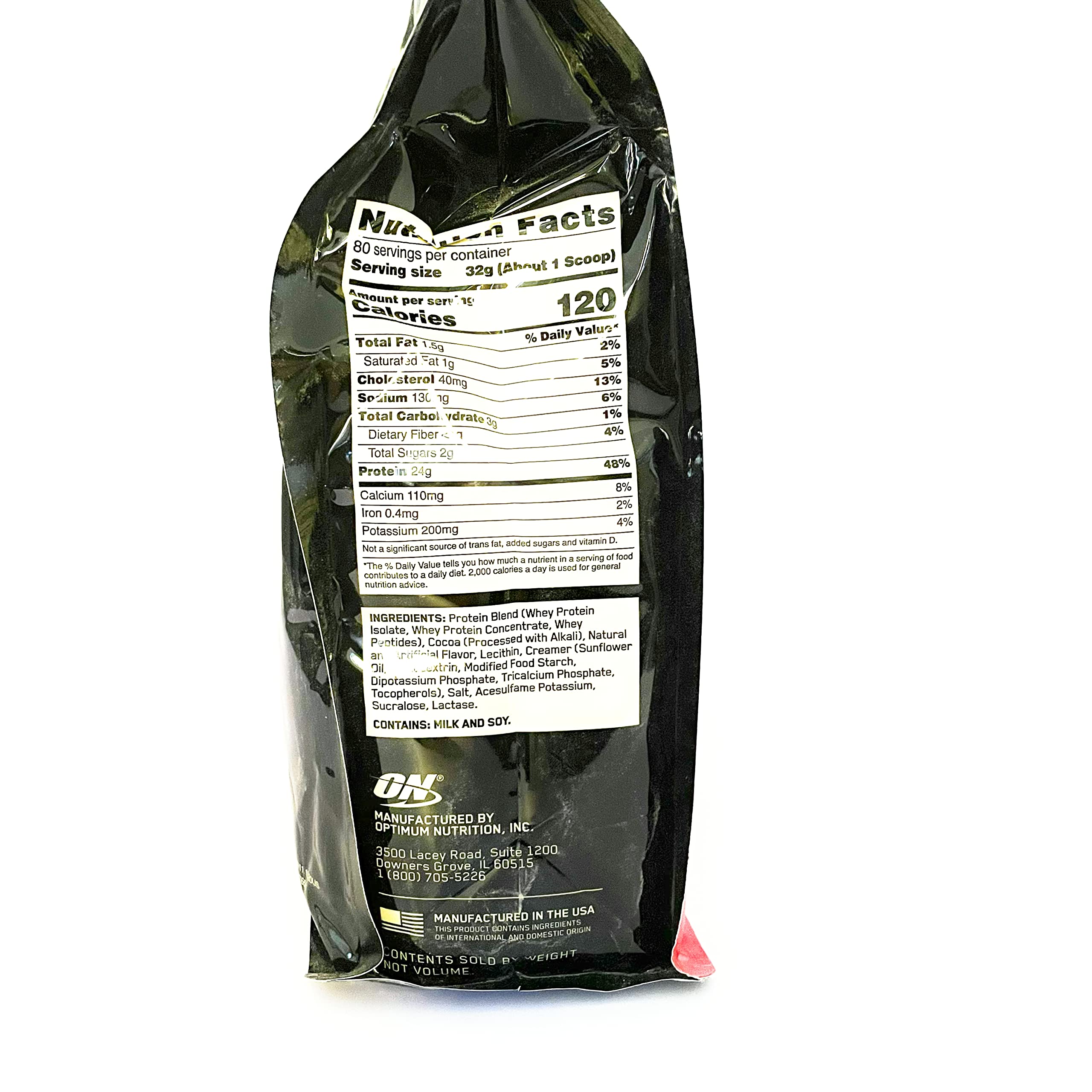 Optimum Nutrition 100% Whey Gold Standard – fiche nutrition montrant 24 g de protéines et ingrédients.
