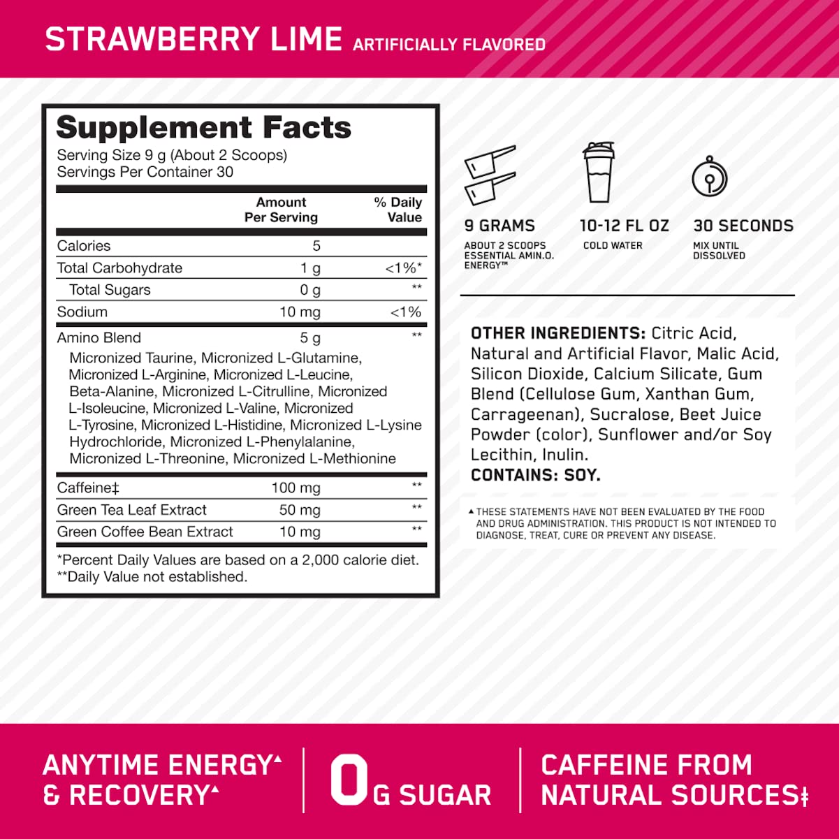 Emballage variable Amino Energy, 30 portions, pratique à transporter.