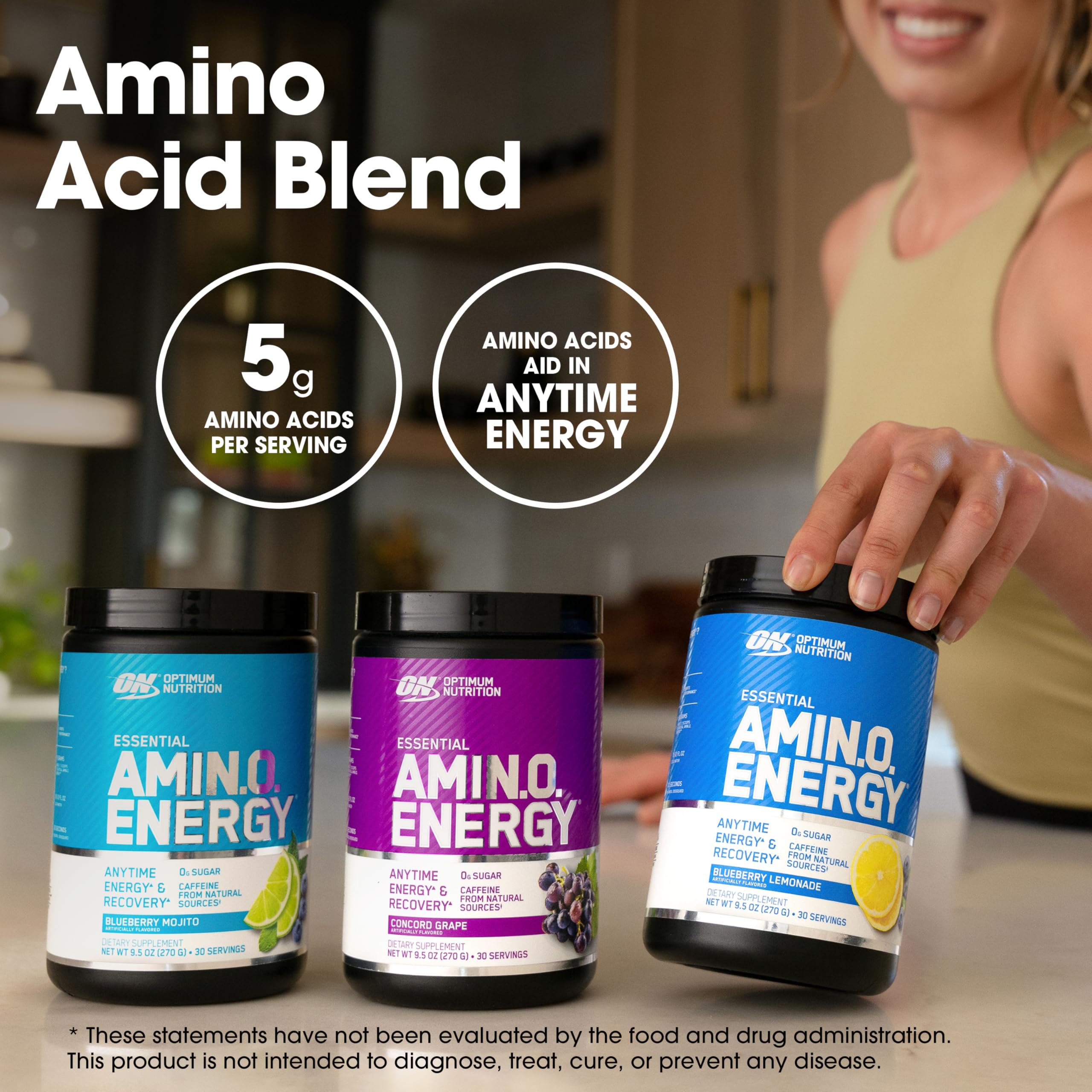 Optimum Nutrition Amino Energy, emballage clair et étiquette, saveur raisin Concord