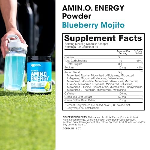 Étiquette Blueberry Mojito d’Optimum Nutrition Amino Energy en gros plan.