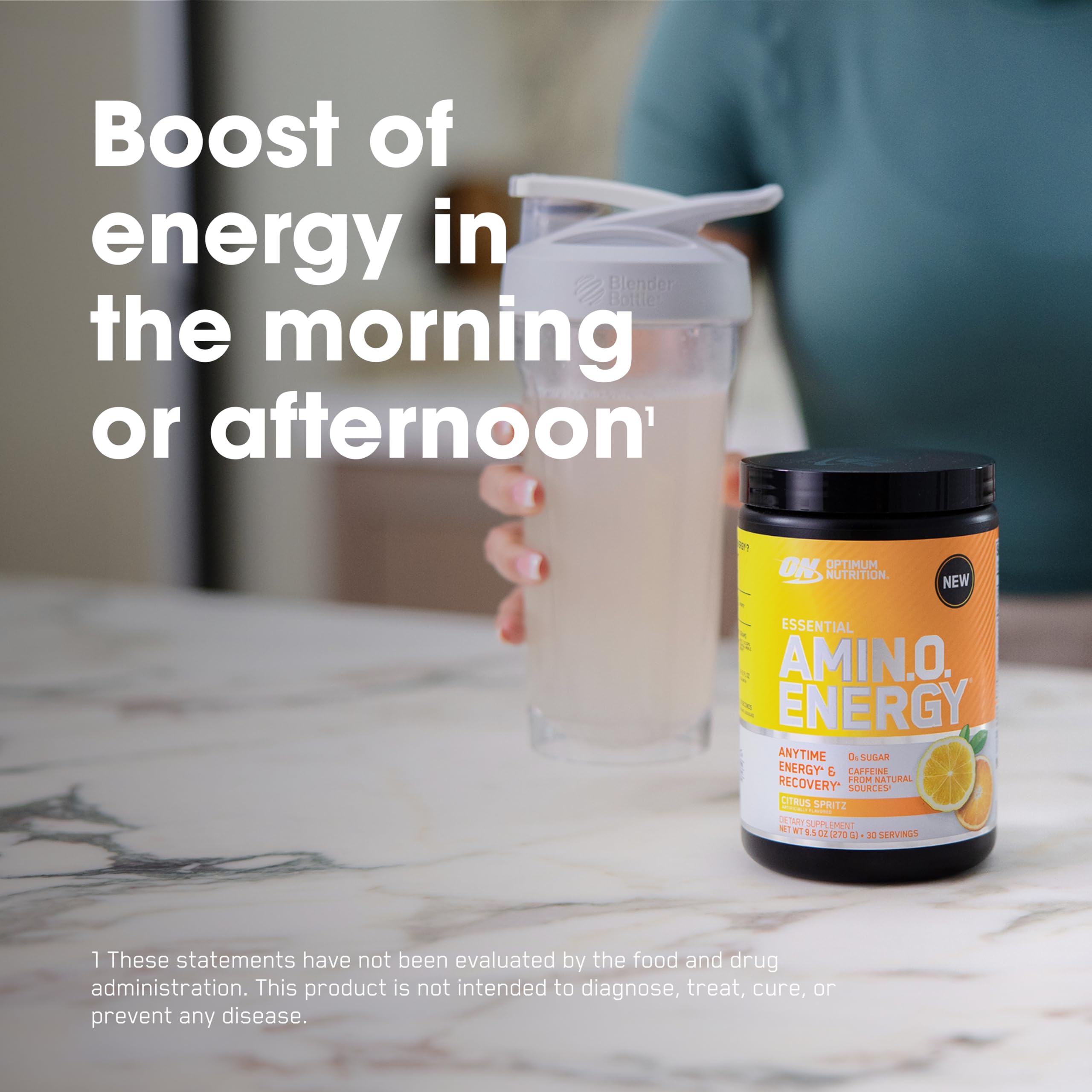 Étiquette du produit Optimum Nutrition Amino Energy, accessoire pratique et lisible.