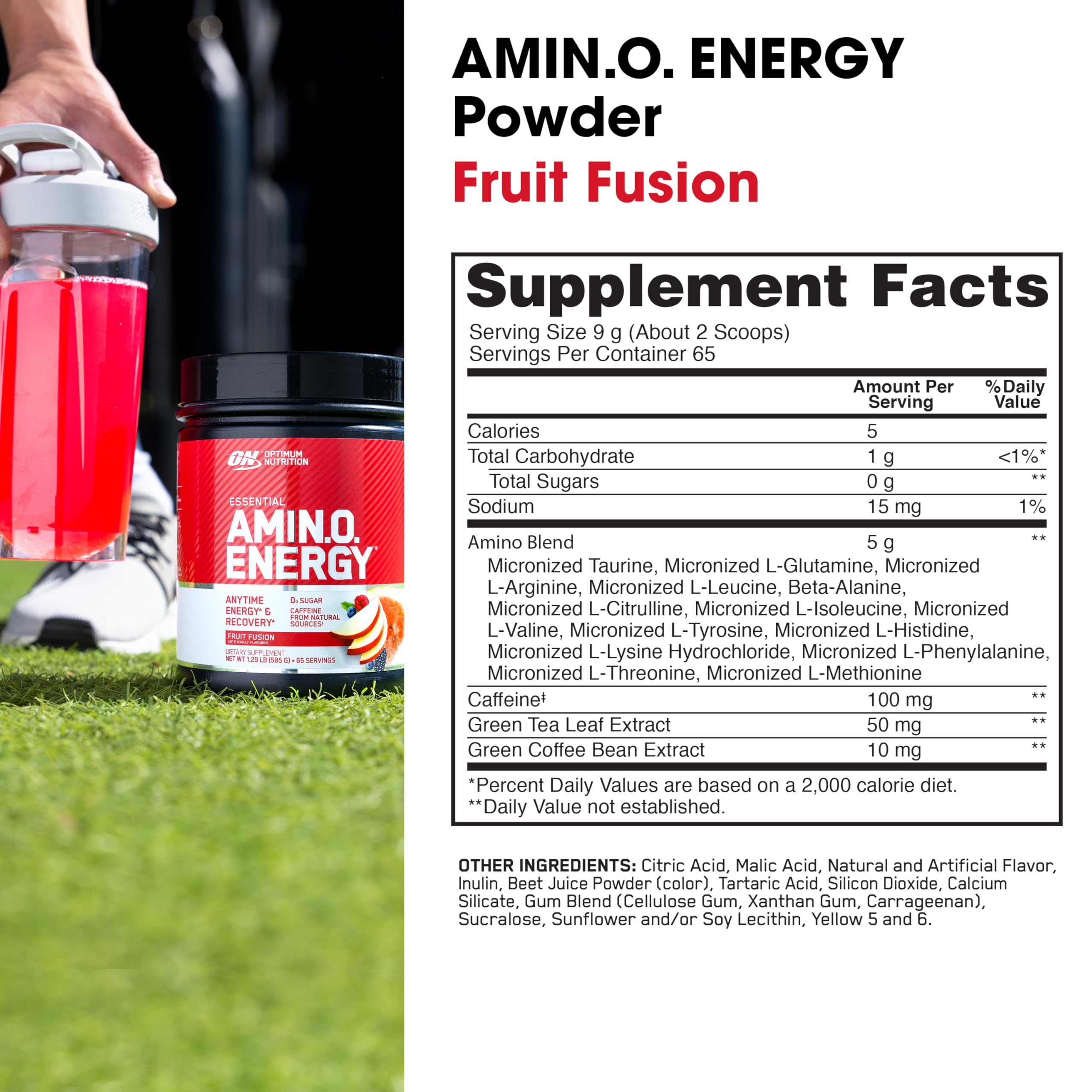 Optimum Nutrition Amino Energy – main tenant le produit, idéal pour une séance concentrée