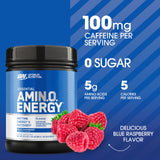 Optimum Nutrition Amino Energy: poudre-framboise-bleue, arôme frais et énergie immédiate.
