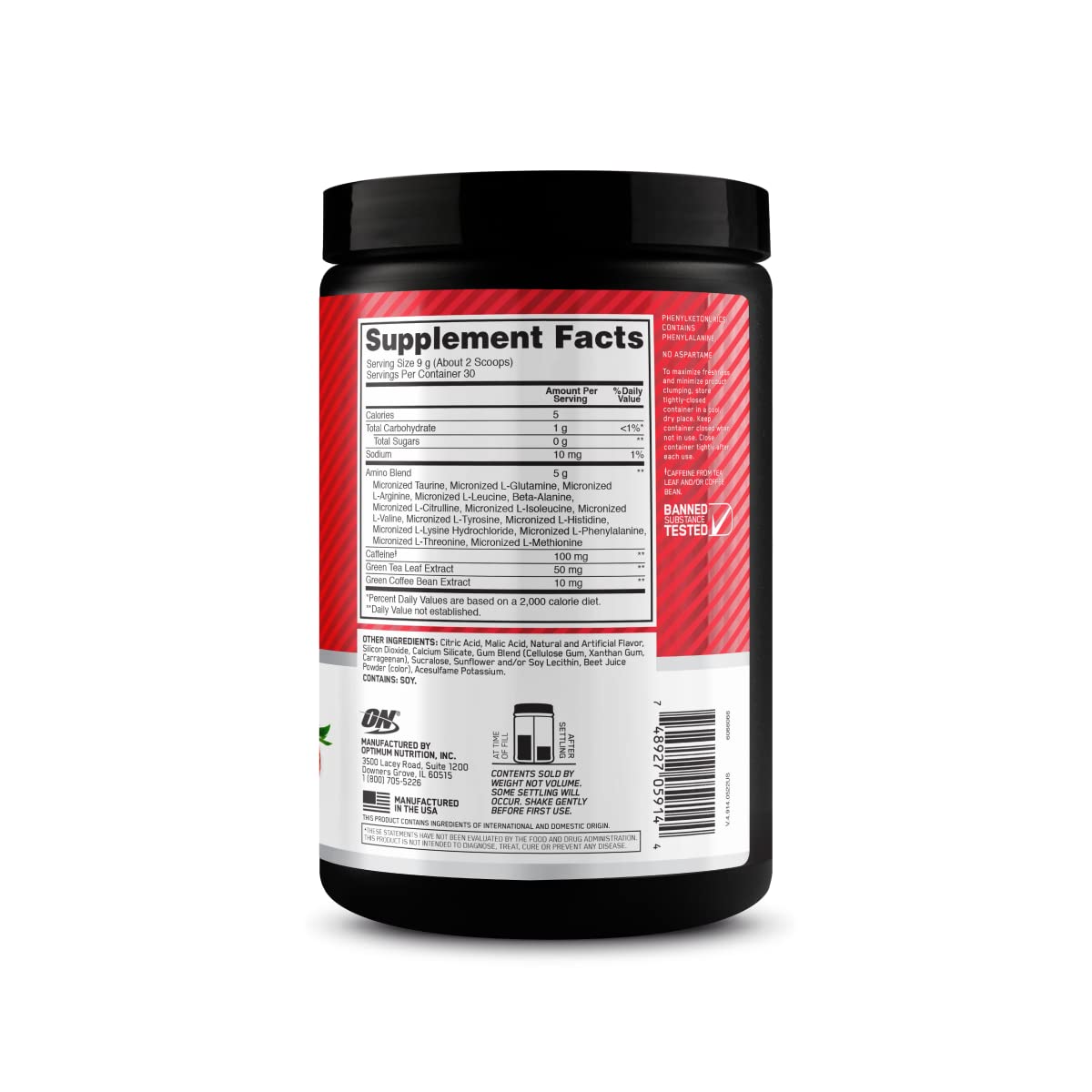 Aperçu des ingrédients d'Amino Energy, BCAA et caféine pour énergie durable.