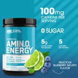 Optimum Nutrition Amino Energy, shaker bleu prêt à boire avant l’entraînement.