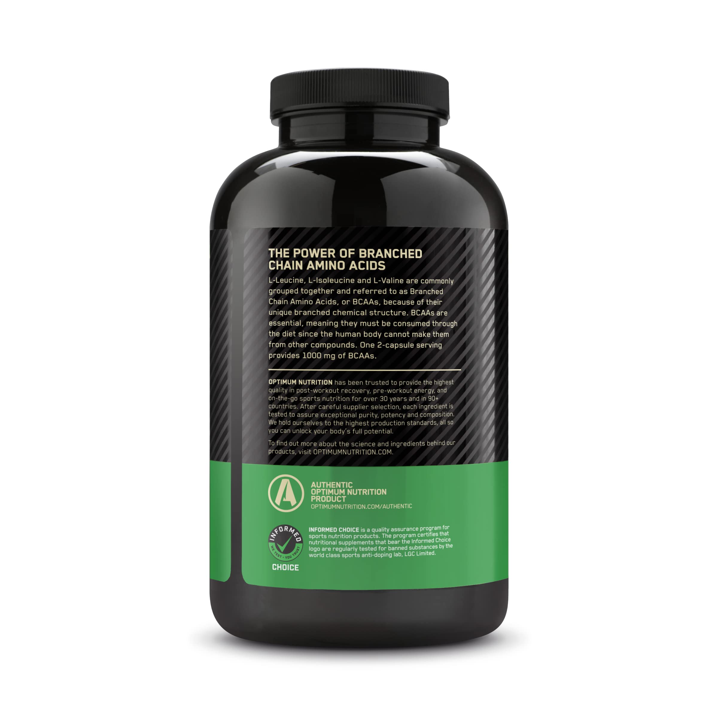 Boîte BCAA Optimum Nutrition sur une table, bouchon vissé.