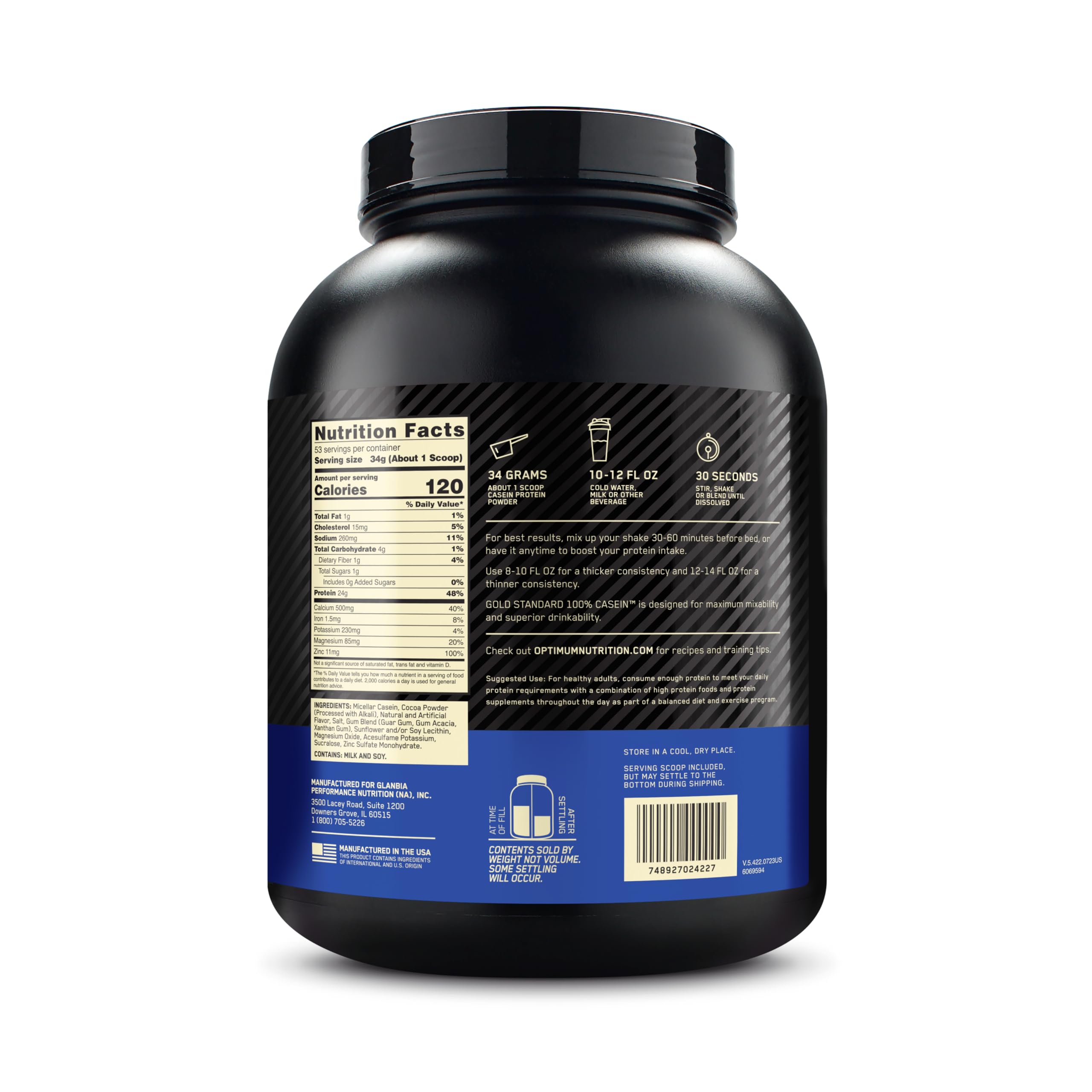 Optimum Nutrition Gold Standard Caseine pot 53 portions visible
