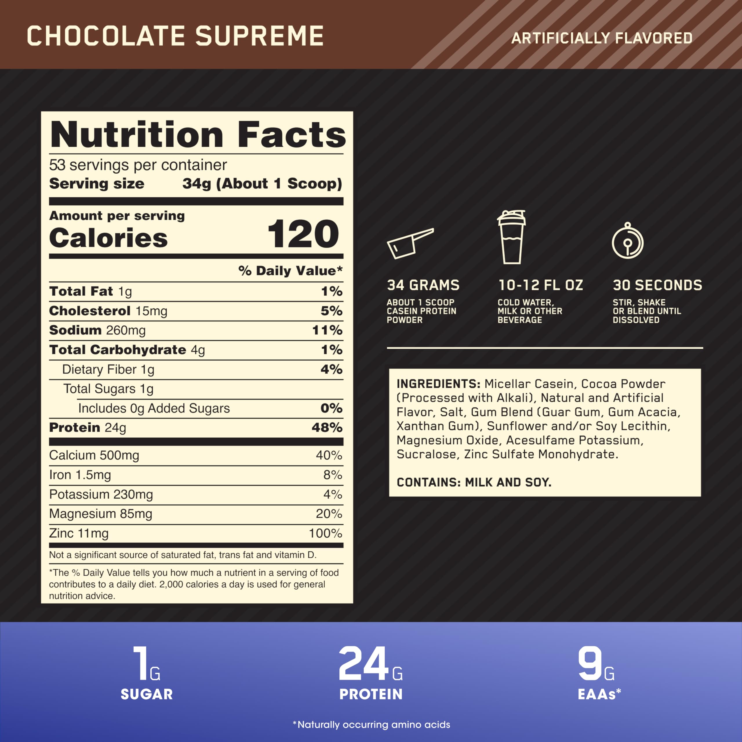 Optimum Nutrition Gold Standard Caseine, 9 g d'acides aminés essentiels par portion