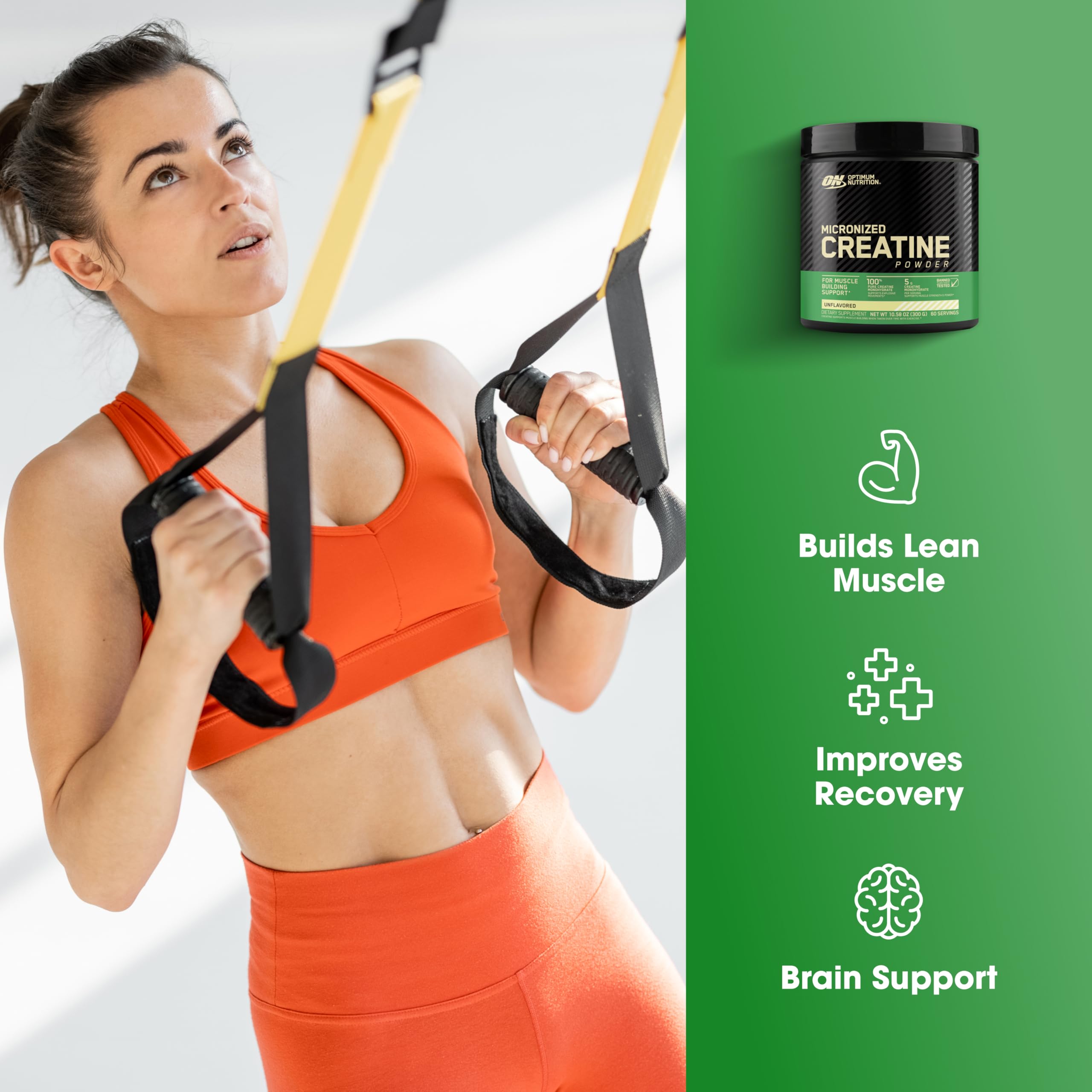 Bouteille Optimum Nutrition Creatine Monohydrate de 300 g, pratique pour les sessions d'entraînement.
