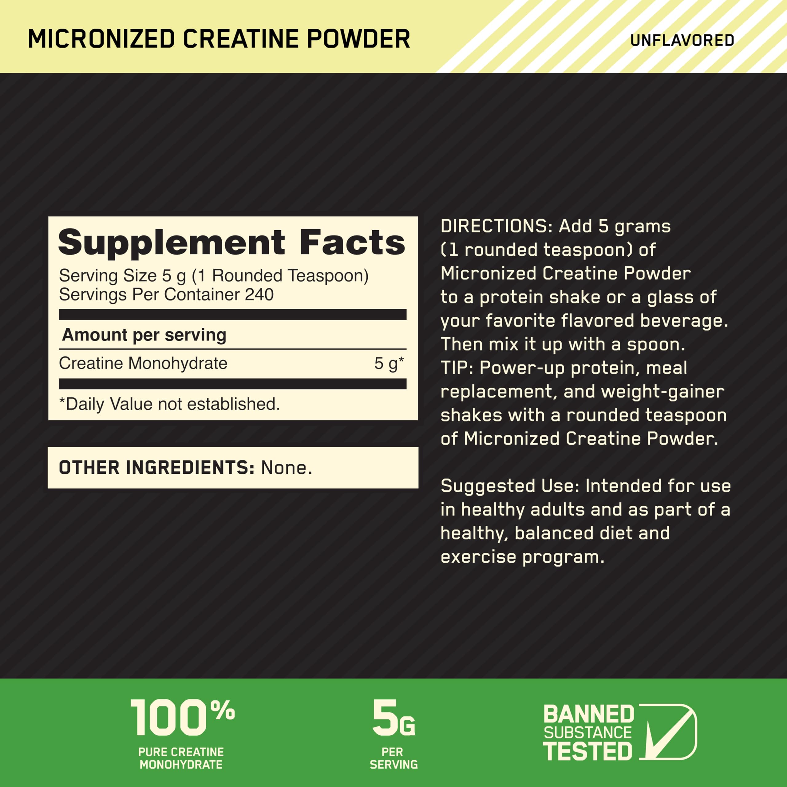 Optimum Nutrition creatine monohydrate pot 1200g: presentation pratique pour longue periode