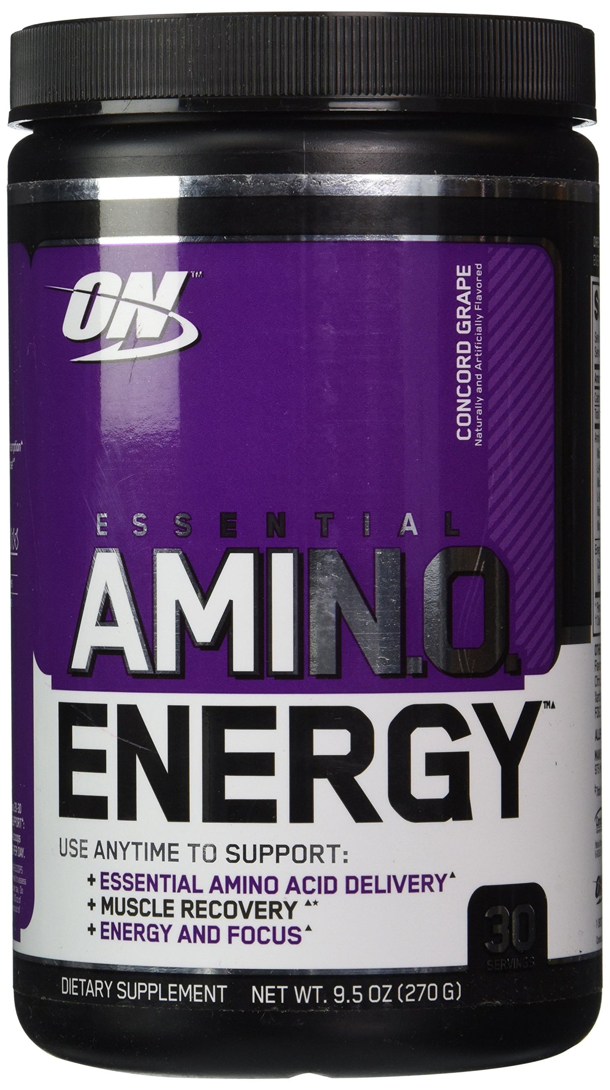 Bouteille Optimum Nutrition Essential Amino Energy Concord Grape prête pour l'entraînement.