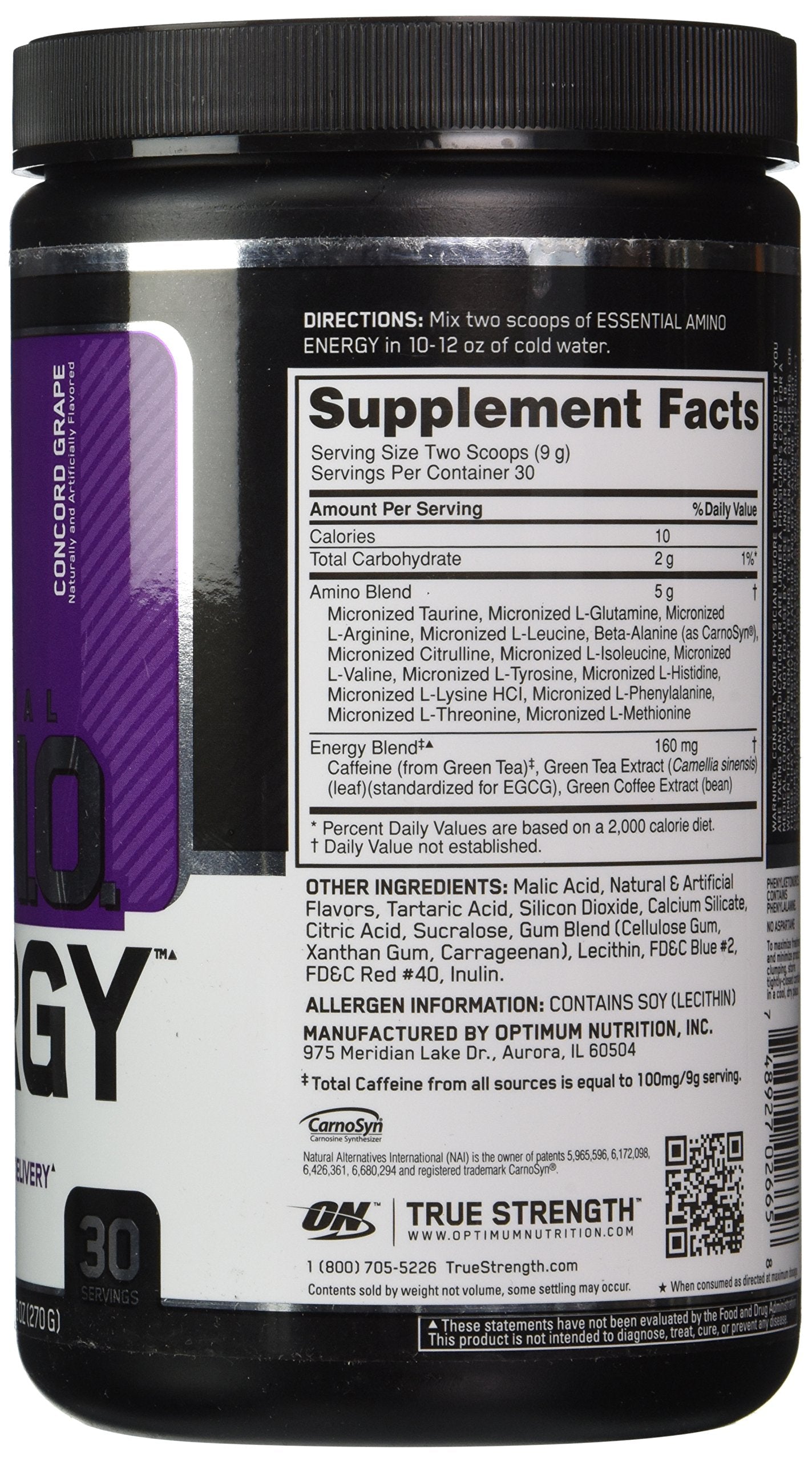 Cuillère-dose Optimum Nutrition Essential Amino Energy Concord Grape pour doser rapidement.