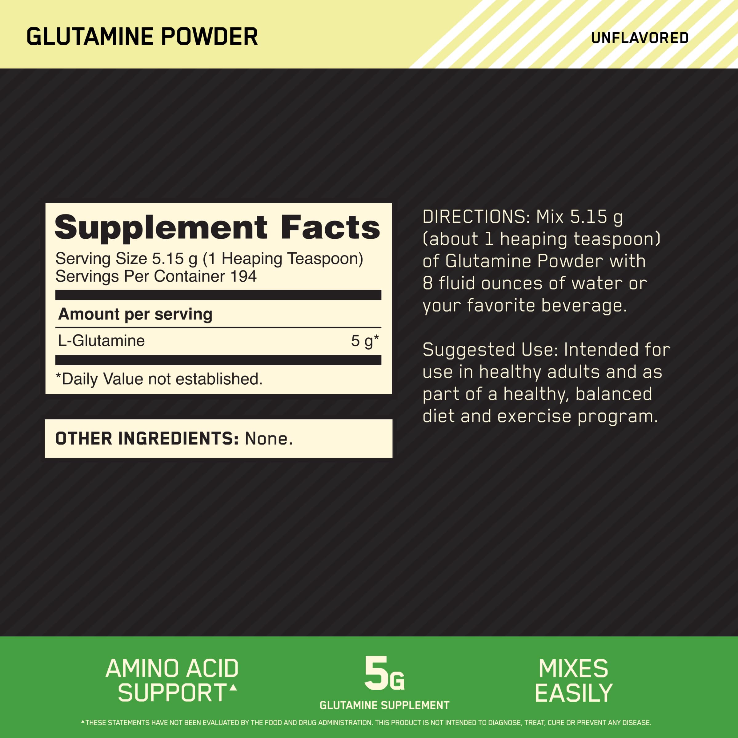 Optimum Nutrition Glutamine en poudre, dose de 5 g, facile à ajouter après l’entraînement.