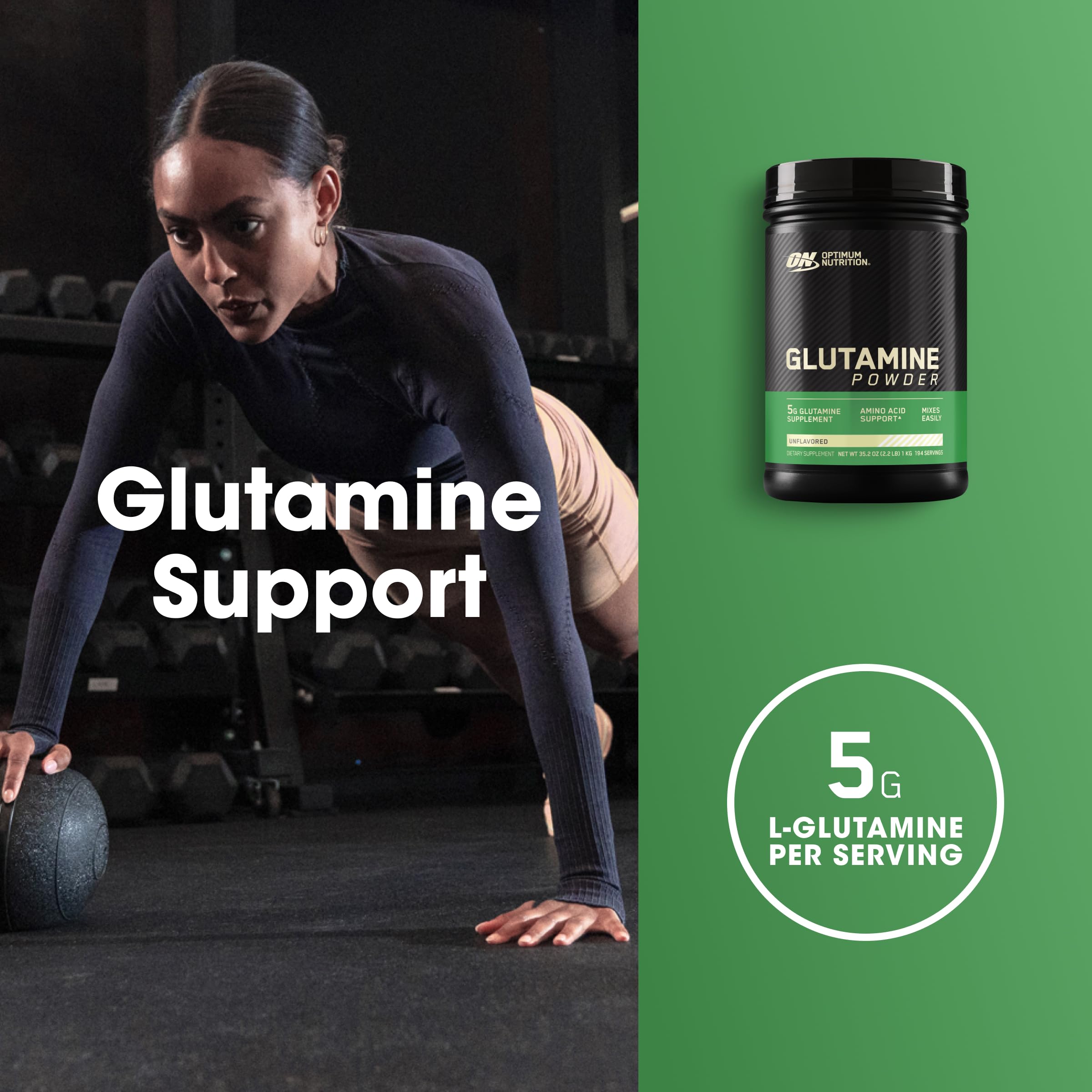 Optimum Nutrition Glutamine en poudre, mélange dans un shaker pour post-entraînement.