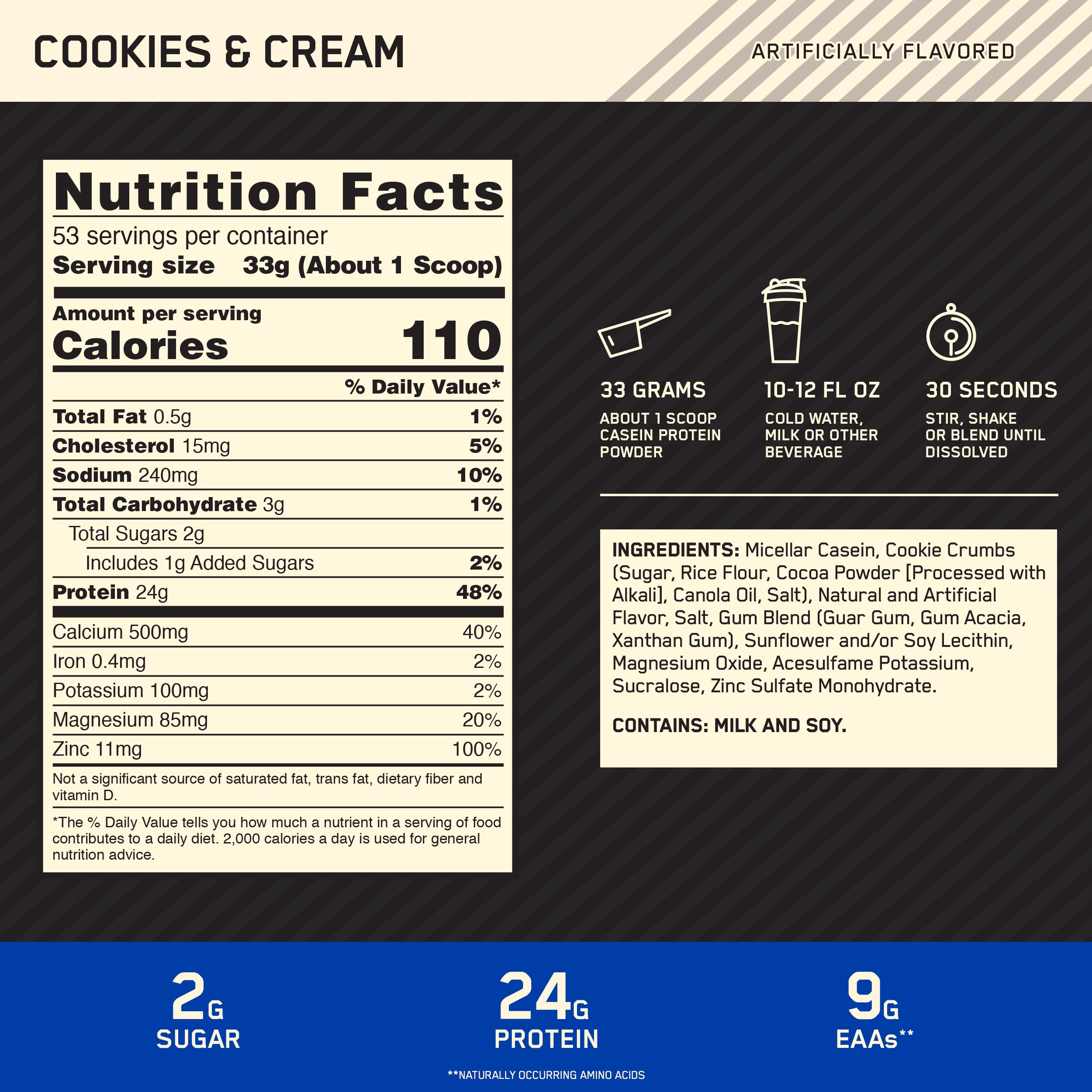 Optimum Nutrition Gold Standard Casein Cookies et Crème, 24 g de protéines par portion.