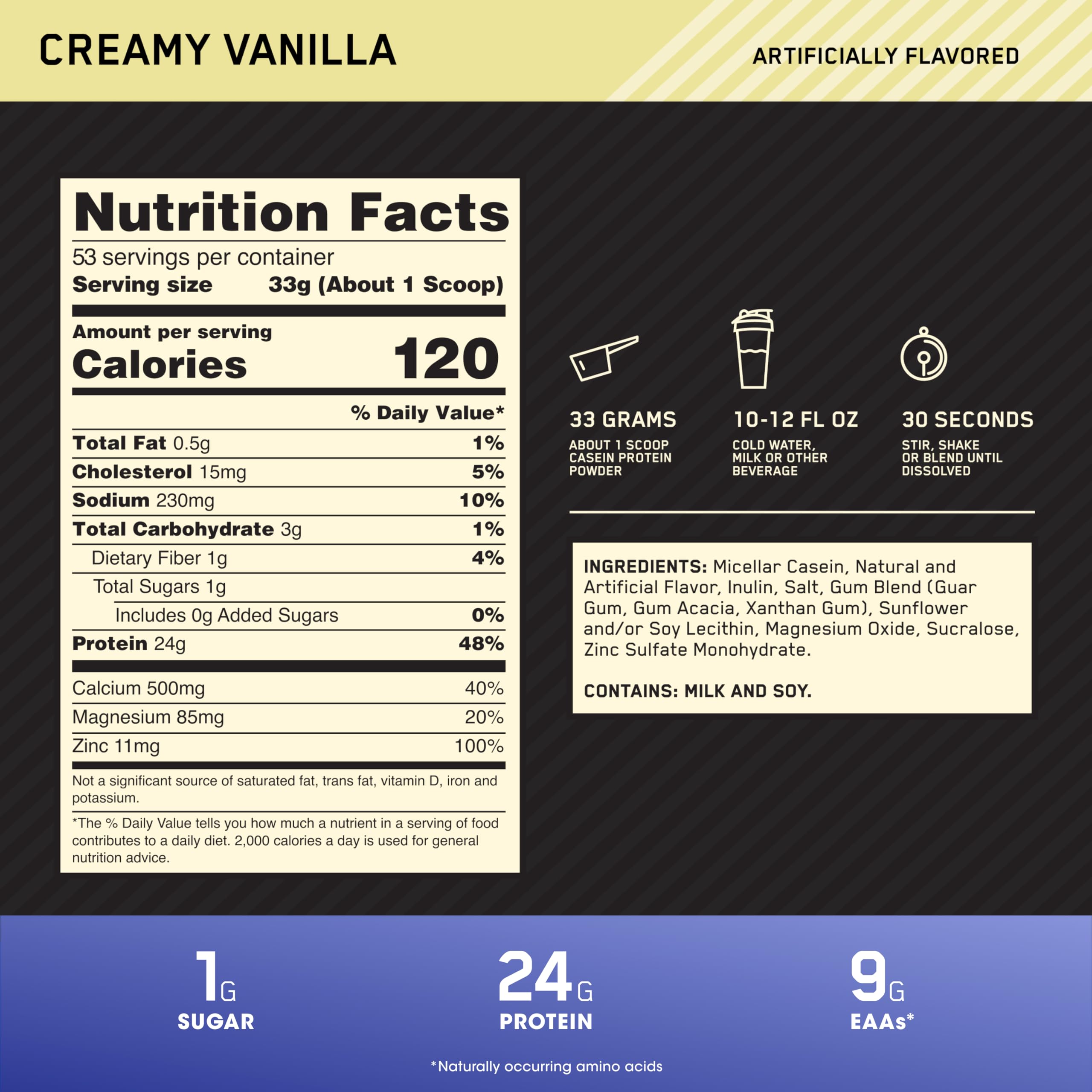Optimum Nutrition Gold Standard Casein vanille, shaker: mélange rapide sans grumeaux