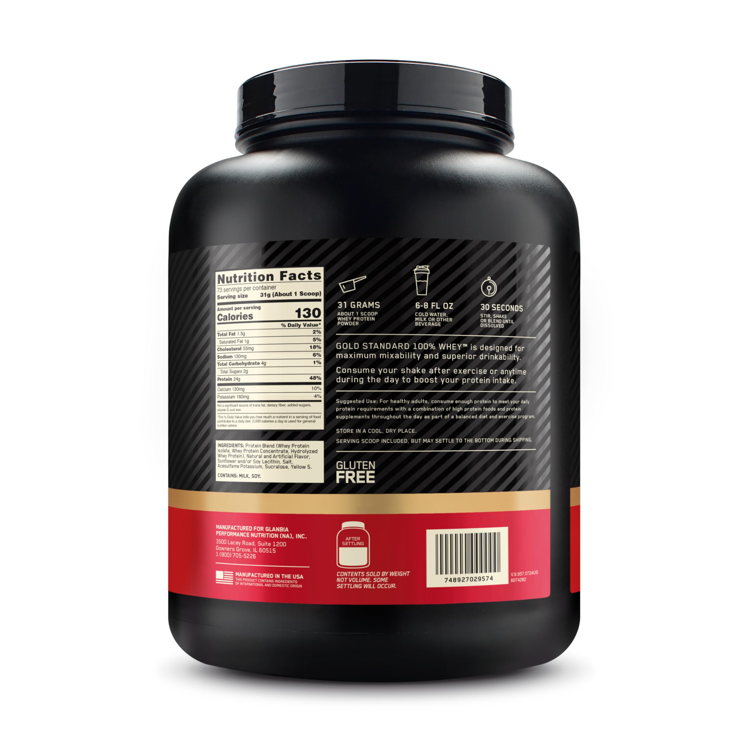 Optimum Nutrition Gold Standard Whey Banane Crème, étiquette claire et informations faciles.