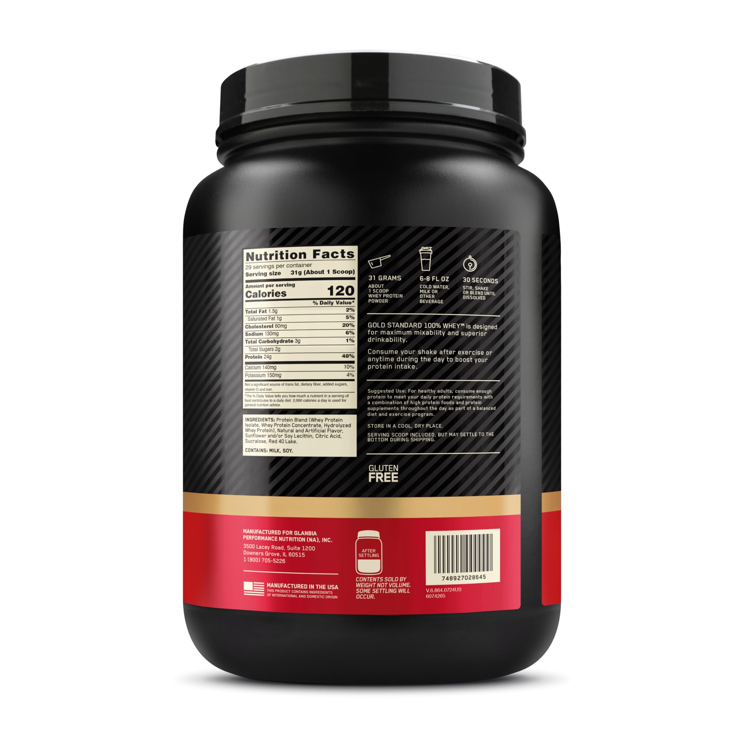 Optimum Nutrition Gold Standard Whey fraise — doseur intégré pour précision.