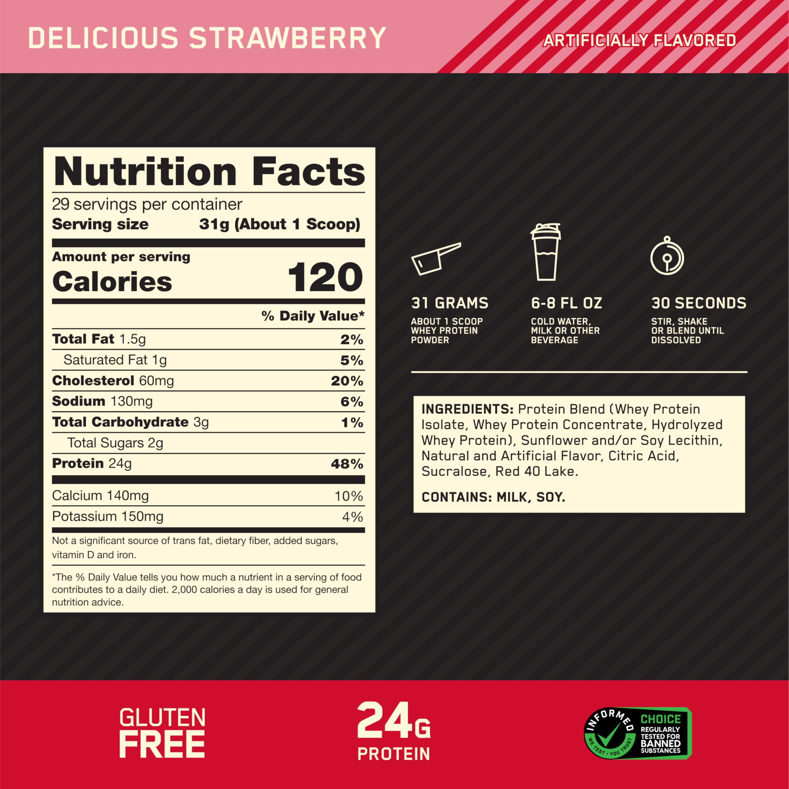 Optimum Nutrition Gold Standard Whey fraise — étiquette nutrition claire pour suivre les apports.