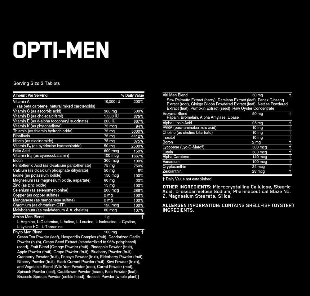Optimum Nutrition Opti-Men, mélange Phyto avec fruits et légumes pour nutriments variés.