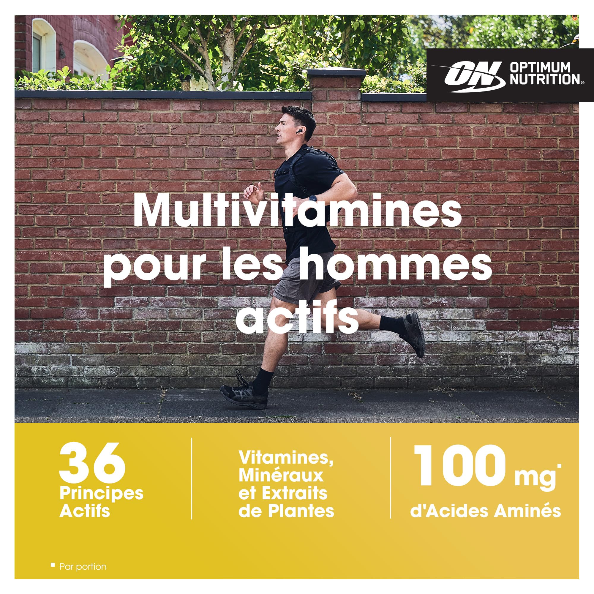 Opti-Men d'Optimum Nutrition – plan rapproché sur tablettes, sécurité et accessibilité.