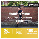Opti-Men d'Optimum Nutrition – plan rapproché sur tablettes, sécurité et accessibilité.