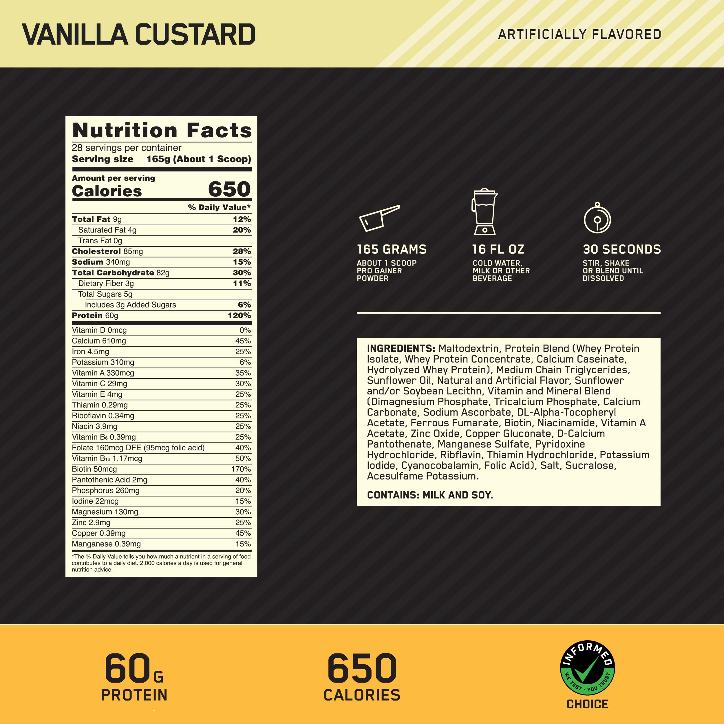 Shake Pro Gainer Vanilla Custard Optimum Nutrition dans un verre, texture agréable