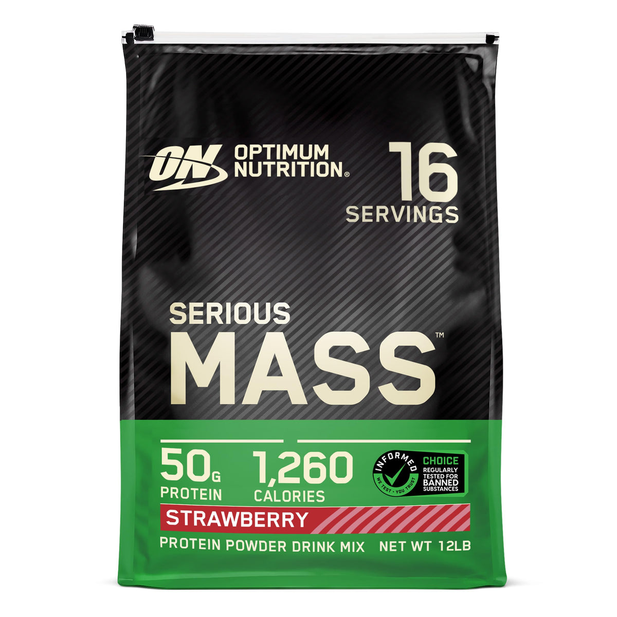 Optimum Nutrition Serious Mass – bouteille fraise, soutien à la prise de masse et goût agréable.
