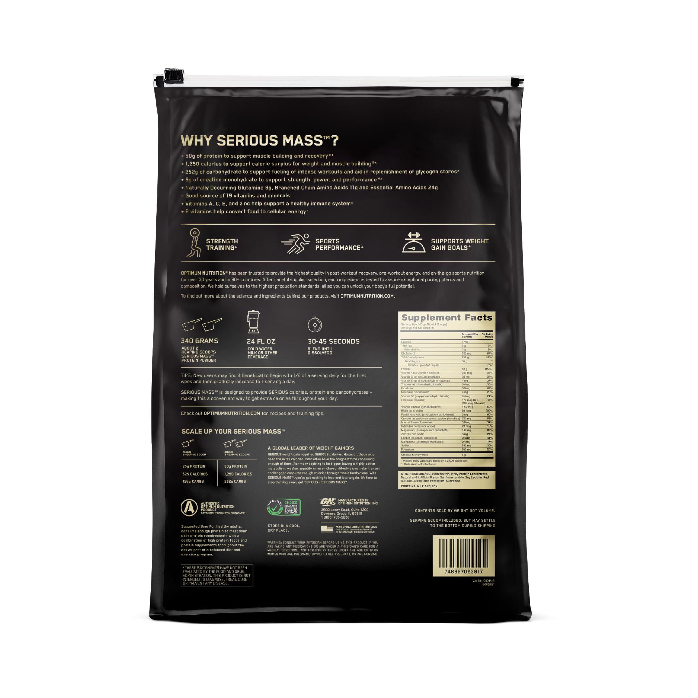 Optimum Nutrition Serious Mass – doseur, outil précis pour mesurer la portion idéale.