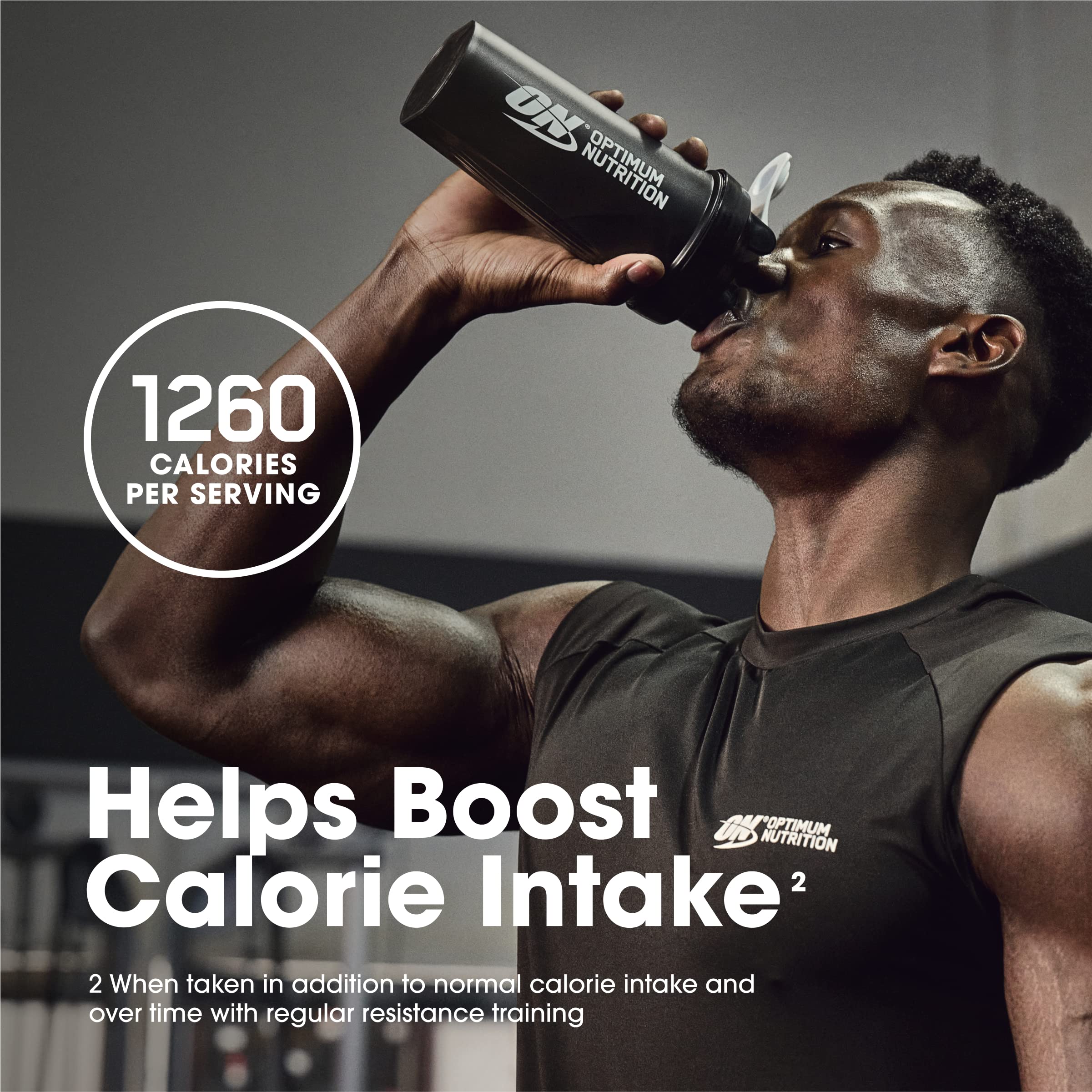 Optimum Nutrition Serious Mass, emballage vanille lisible avec valeurs nutritionnelles.