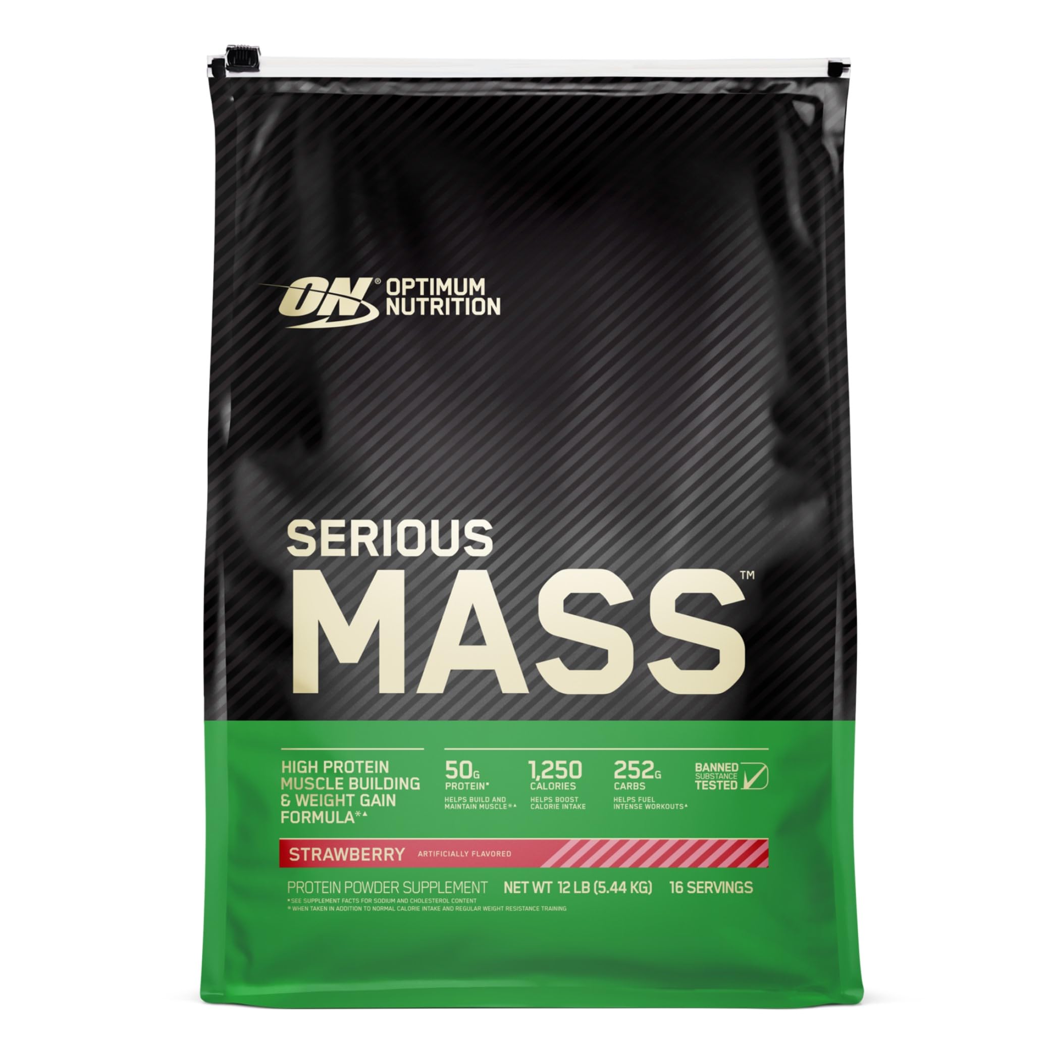 Optimum Nutrition Serious Mass Fraise – bouteille prête pour un apport calorique élevé et pratique.