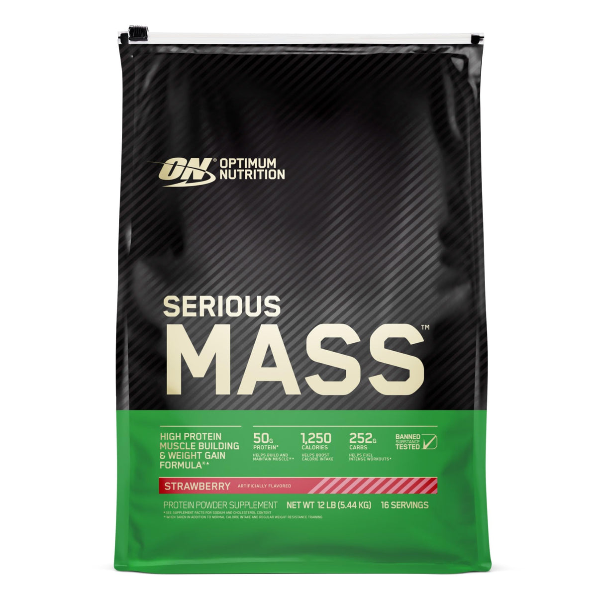 Optimum Nutrition Serious Mass Fraise – bouteille prête pour un apport calorique élevé et pratique.