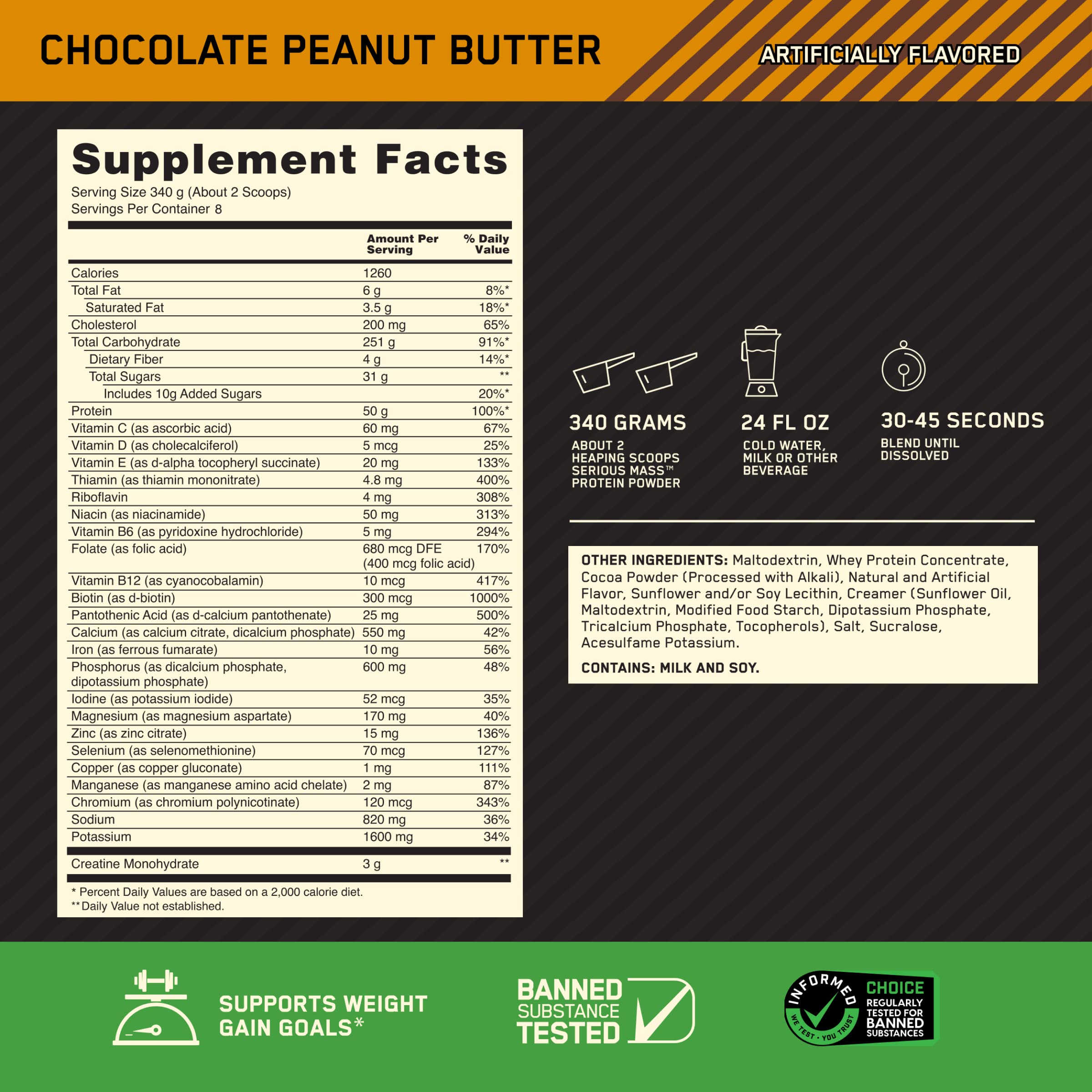Optimum Nutrition Serious Mass – Poudre protéinée, mélange nutritionnel dense pour récupération.