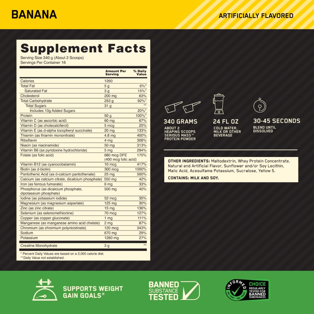 Optimum Nutrition Serious Mass – Poudre banane : mélange facile pour une prise de masse progressive.