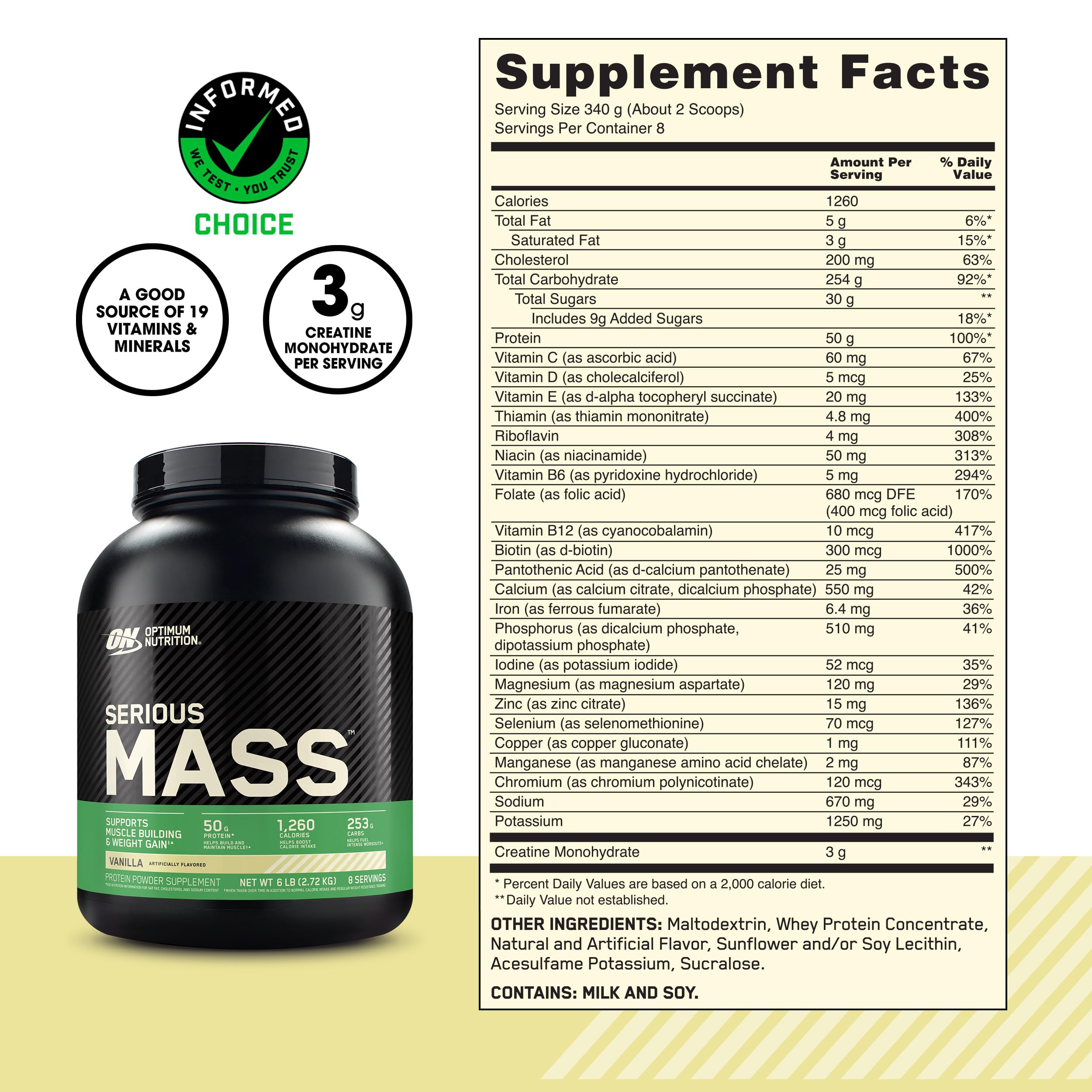 Optimum Nutrition Serious Mass, verre de shake vanille prêt à déguster après l'entraînement.